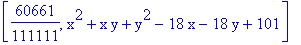 [60661/111111, x^2+x*y+y^2-18*x-18*y+101]